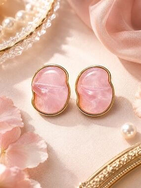 Chunky Stud Resin Earrings. Soft Pink Summer Jewelry. Gold Plated. Gift For Her